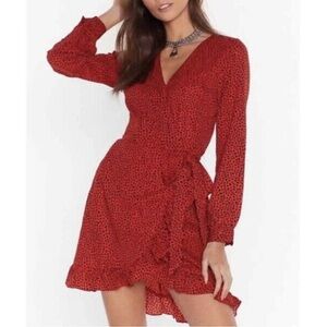 Nasty Gal Red Black Dalmatian Spot Print Ruffle Wrap Mini Dress Long Sleeve